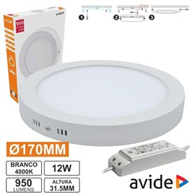 Painel Leds Redondo Superfície 12W 170Mm 4000K 950Lm Avide