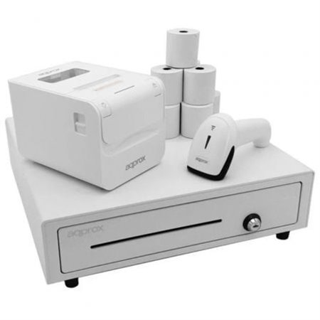 Pack Approx appPOSPACK4180WH V2 Caixa de Dinheiro, Impressora Térmica, Lector de Códigos e Rollos Térmicos