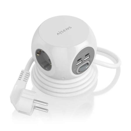 Power Strip multifuncional de mesa Aisens com 3 tomadas + 2xUSB-C - 2xUSB-A - 1,4m - cor branca