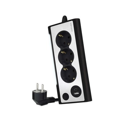 Faixa de energia de mesa Nanocable com 3x Shuckos, 1x USB-C e 1x USB-A - Iluminação LED com interruptor - Cabo de 1,50 m
