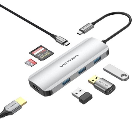 Docking USB-C Vention TOJHB/ 1xHDMI/ 3xUSB/ 1xUSB-C/ 1xLeitor de Cartões/ Cinza