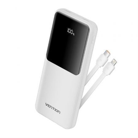 Powerbank 10000mAh Vention FHOW0, 22.5W, Branca, Inclui Cabo USB TIpo-C e Lightning