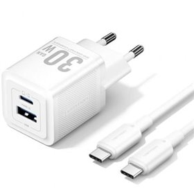 Carregador de Parede GaN Vention TZ-FEQW0-EU-01, 1xUSB Tipo-C, 1xUSB + Cabo USB Tipo-C, 30W