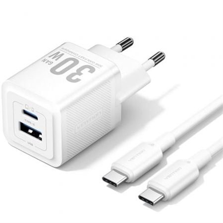 Carregador de Parede GaN Vention TZ-FEQW0-EU-01, 1xUSB Tipo-C, 1xUSB + Cabo USB Tipo-C, 30W